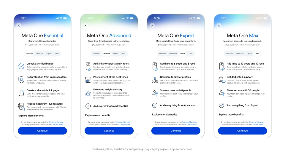 Planos Meta One para empresas e criadores
