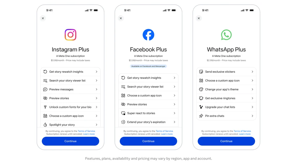 Planos individuais do Meta One para Instagram, Facebook e WhatsApp